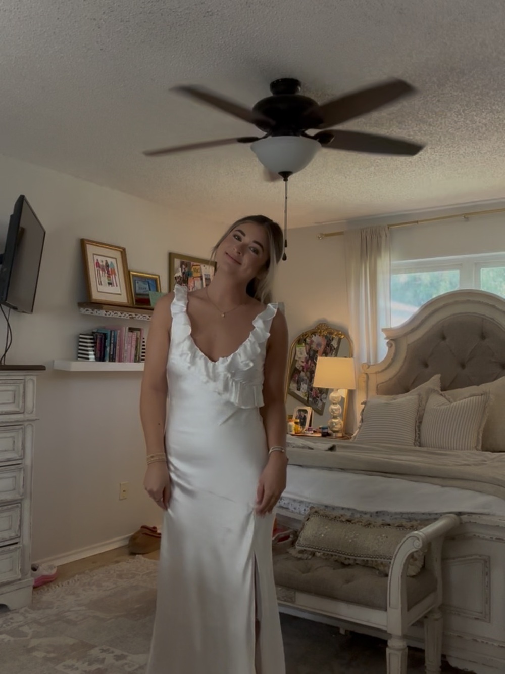 Elegant Bridal White Ruffle-Back Satin Dress - Picture 6 of 6